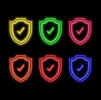 Glowing checkmark shield logo design to safeguard your business vector