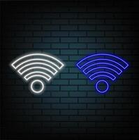 Neon wifi icon. Glowing neon wi fi sign, wireless internet technology in vivid colors. Wifi button, mobile internet hotspot. Bright icon set, sign, symbol for UI design. illustration. blue color. vector