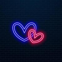 3d render, abstract neon background with two pink blue heart frames. Modern minimal line art. Valentines Day romantic signs glowing in the dark vector
