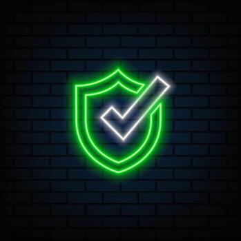 Laptop with checkmark or tick notificatione. Neon icon. Approved choice. Accept or approve checkmark. illustration. vector