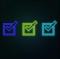 Outline neon check tick icon. Glowing neon checkmark sign, tick approve pictogram. Correct and true select, confirmation check mark, verification tick, right choice, checklist. icon set. style neon. vector