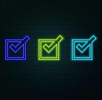 Outline neon check tick icon. Glowing neon checkmark sign, tick approve pictogram. Correct and true select, confirmation check mark, verification tick, right choice, checklist. icon set. style neon. vector