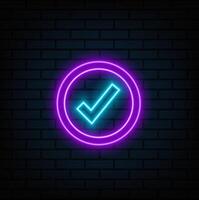 Neon lamp check mark icon, tick symbol. Modern ornamental ui element. Design for Fluorescent Presentation or Banner vector