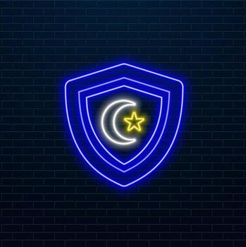 A glowing neon shield line icon isolated on a background with a stand. Security sign. Colorful contour concept. vector