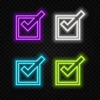 Glowing neon light Check mark icon and tick mark icon. Selected or correct symbol. green color. vector