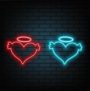 Set of blue, red-purple, green heart shape frame design. Abstract cosmic vibrant color backdrop. Collection of glowing neon lighting on dark background with copy space. valentine day element design... vector