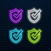 Check mark in neon style Purple tick check mark Retro sign with glowing neon illustration vector