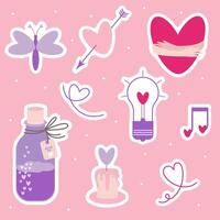Flat set of Valentines day stickers with heart shape elements, glass bottle with love potion, butterfly, arrow, lamp, music note and heart embraced by hands vector