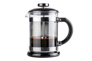 Elegant French press coffee maker with ergonomic handle and modern design, highlighting a fresh brew, perfect for coffee lovers png