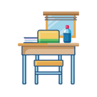 Study session at a desk with books and water bottle cozy room digital illustration bright atmosphere top view focused learning png