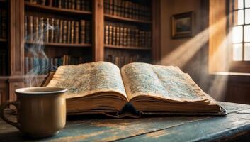 Close-up of an open, worn leather book on a wooden desk, accompanied by a steaming cup of coffee in a cozy, modern home library setting. photo
