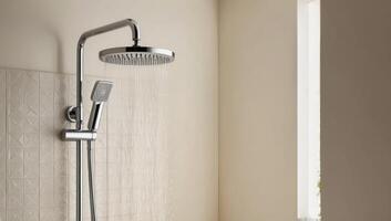 Water-efficient showerhead installed in a modern bathroom, saving resources while maintaining comfort, water saving technology. photo