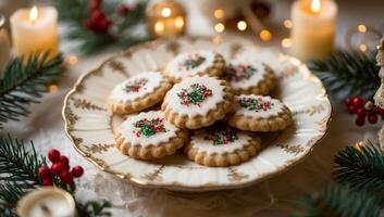 Plate of cookies with red and green sprinkles on top. The plate is on a table with a Christmas tree and candles. photo