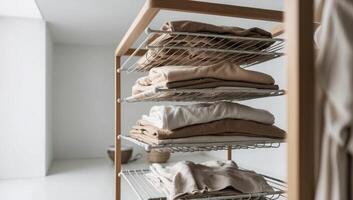 A clothes drying rack being used for air-drying instead of a dryer, reducing energy use in an eco-friendly home photo