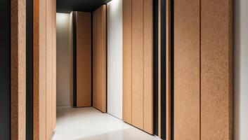 Eco-friendly cork panels are integrated into walls for soundproofing and insulation, combining modern design with sustainable materials. photo