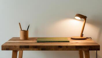Modern home office with a minimalistic design, using eco-conscious supplies and natural materials to create a sustainable and inspiring workspace. photo