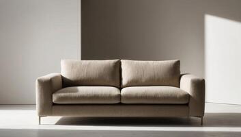 This luxurious sofa, covered in sustainable hemp fabric, exudes elegance in a minimalist space, emphasizing its natural texture and eco-friendly design. photo