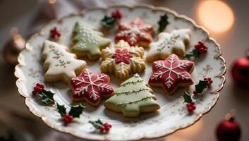 Plate of cookies with a tree and snowflake designs on them, Christmas tree, vintage old fashioned baking. photo