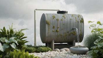 A large rustic metal tank serves as a rainwater collection system, designed to sustainably provide water for efficient garden irrigation. photo