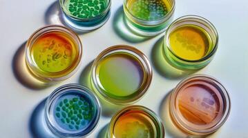 Microalgae samples in scientific petri dishes, displayed in liquid serum gel against a light-colored backdrop photo