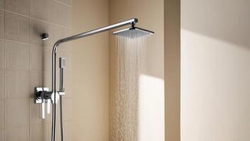 A water-efficient showerhead installed in a modern bathroom, saving water while maintaining comfort. photo