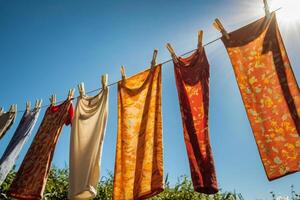 Freshly washed clothes drying on a line in the sunlight, showcasing an eco-friendly alternative to machine drying photo