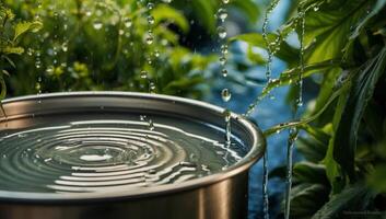 Water droplets glisten on the surface of a stainless steel container, capturing the process of collecting rainwater for sustainable garden irrigation. photo