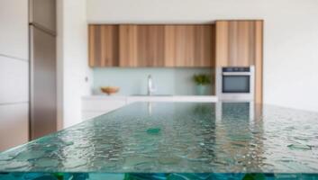 Eco-friendly kitchen design, recycled glass countertop, mosaic pattern of crushed glass fragments. photo