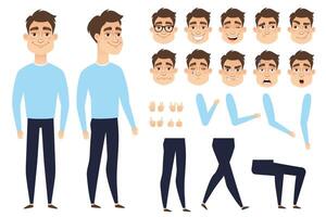 Young man, character for animation. Set of face emotions, poses and gestures vector