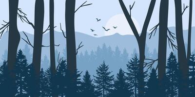 Silhouette of a trees forest and mountain. natural isolated on blue color background. vector