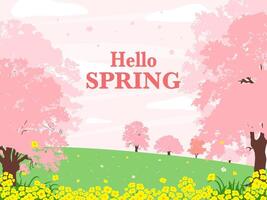 Hello Spring text and nature pink color tone for season concept. vector