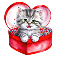 A Kitten Peeking Out From Inside A Red Heart-Shaped Box Filled With Confetti png
