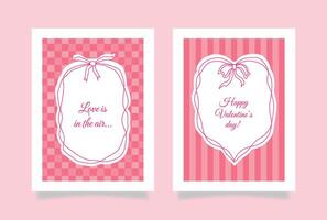 Valentine's day pink coquette greeting cards. Retro vintage linear bows and ribbons frames with text. Abstract background, poster, flyer, cover, banner. Checkered board, striped pattern. Y2k. . vector