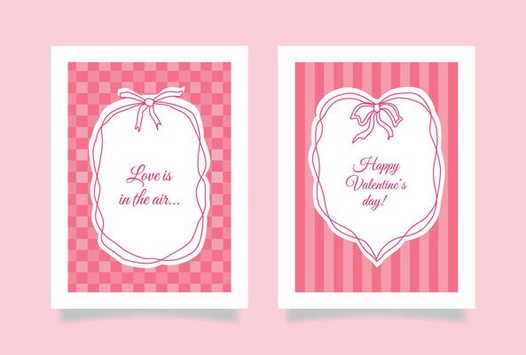 Valentine's day pink coquette greeting cards. Retro vintage linear bows and ribbons frames with text. Abstract background, poster, flyer, cover, banner. Checkered board, striped pattern. Y2k. .