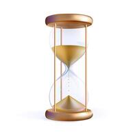 Gold sand running hourglass, glass clock for time countdown. 3d watch render, sandglass budget timer. Abstract realistic isolated game icon. Transparent vintage old golden stopwatch. Term flow vector