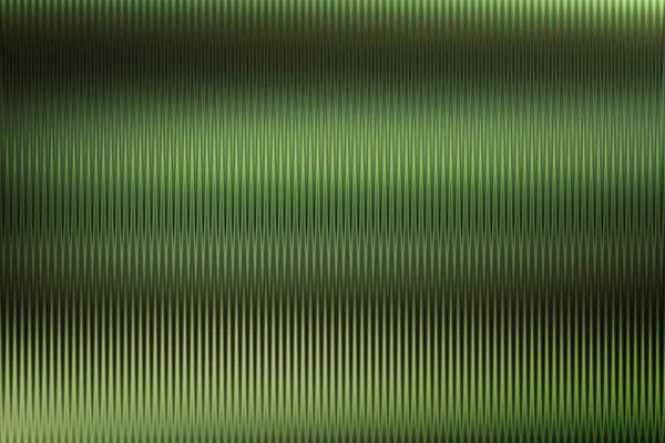 Reeded green glass abstract background. Corrugated acrylic panel texture with vertical wavy stripes. Dark pattern lines of ribbed transparent fluted wall. Ribbed polycarbonate sheet door close-up.