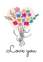 Minimalist Valentine greeting card, illustration of colorful flower bouquet in hands, with a heart shape in the background and text, Love you card. Perfect for Valentine themes vector