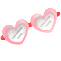 pair of heart-shaped glasses with pink frames and reflective silver lenses. The glasses are connected by a red bridge, creating a playful and romantic vibe png