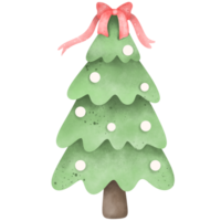Watercolor Christmas tree , A Christmas tree with round patches of snow on its branches, and a red bow decorating the top of the tree. png