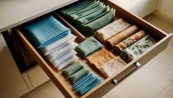Modern kitchen drawer, reusable silicone bags, beeswax wraps in earthy tones, sustainability and reducing single-use plastic waste. photo