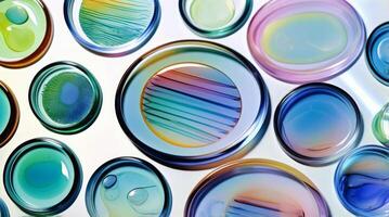 Liquid serum gel arranged in laboratory petri dishes, forming a pattern of diverse microalgae on a white background photo