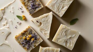 DIY soap made from natural ingredients and oils, handmade bars, lavender petals, chamomile flowers, and crushed olive leave photo