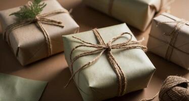Presents with green wrapping paper and brown ribbons. Reusable Christmas ornaments crafted from sustainable resources. photo