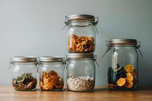 A collection of glass jars and containers designed for zero-waste storage, emphasizing reusable and sustainable choices photo