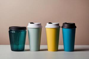 Collection of reusable coffee cups and water bottles, modern lifestyle photo