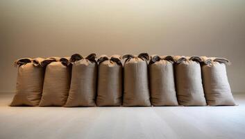 A line of rugged jute sacks filled with grain, showcasing their weathered texture and rustic character in a picturesque harvest landscape. photo