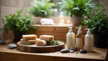 Natural soap bars with irregular shapes and varying earthy colors, co-friendly bathroom, replacing plastic bottled products. photo