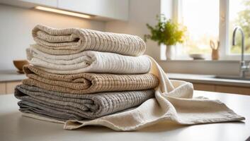 Stack of soft, absorbent cloth towels and napkins, eco-friendliness and sustainability by replacing disposable paper products, beige, gray and white photo