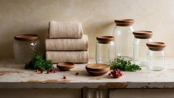 A zero-waste kitchen featuring reusable towels and glass jars, emphasizing eco-friendly and sustainable living practices photo