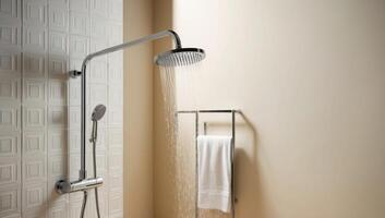 Chrome water-efficient showerhead installed in a modern bathroom, neutral color palette, saving water while maintaining comfort. photo
